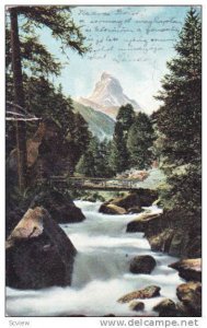 General View, Matterhorn, creek & wooden bridge, Partie am Zermatterhal, PU-1909