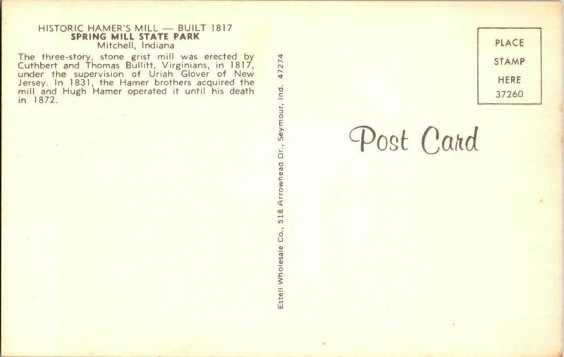 Historic Hamer's Mill Mitchell Indiana Vintage Postcard Standard View Card 