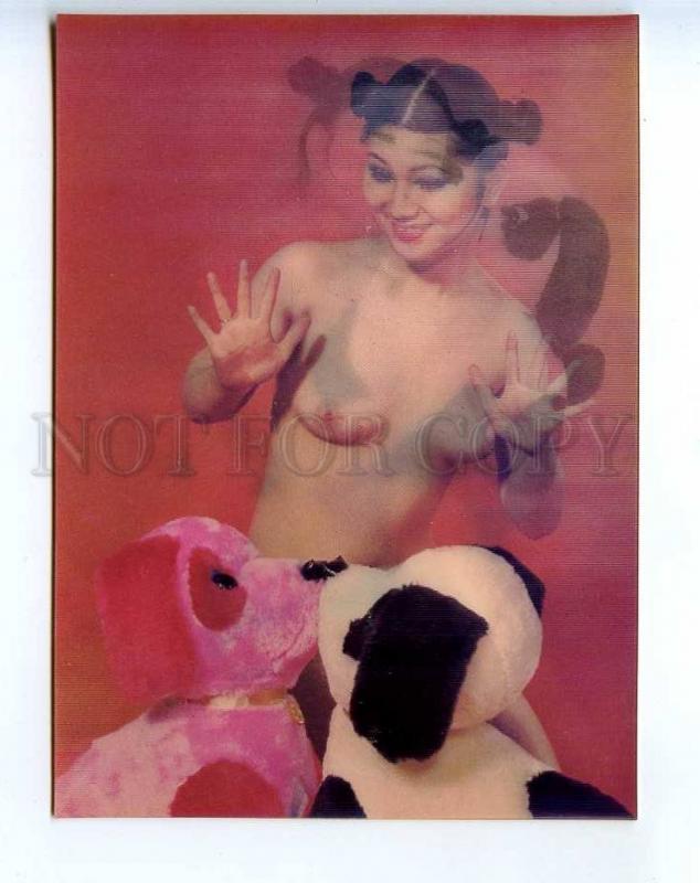 241409 JAPAN Semi-nude girl beauty w/ toy dog Old 3-D postcard