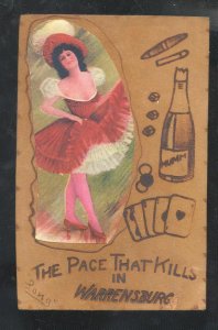 WARRENSBURG MISSOURI VINTAGE LEATHER POSTCARD PRETTY GIRL APPLIED SODA