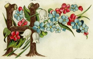 Alphabet Postcard H, Wood sticks, Flowers, embossed, S. Datiilo, Barbane WV 1910