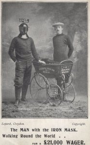 Harry Bensley Man With Iron Mask Walking Round World Old  Postcard