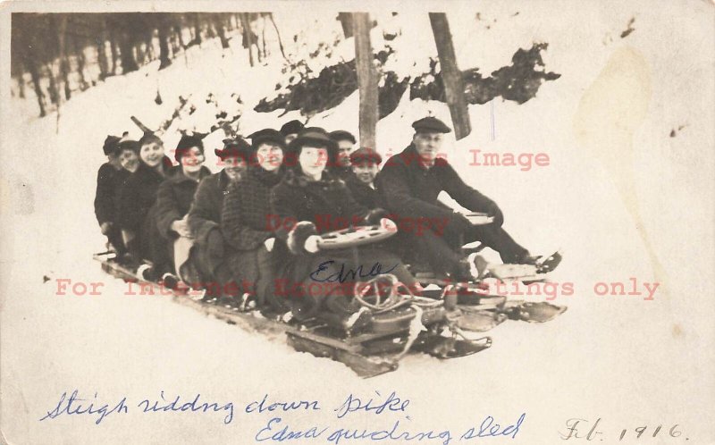 Unknown Location, RPPC, Group of People Sleigh Riding on Edna's Sled in 1916