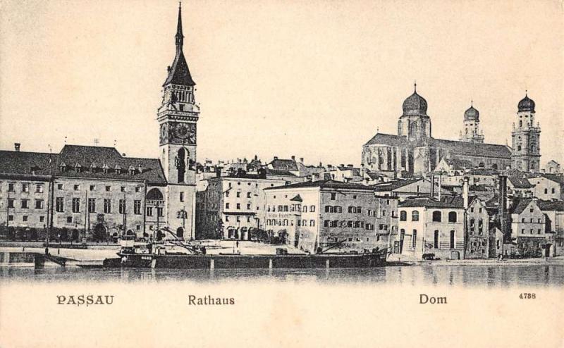 Passau Germany Rathaus Dom Historic Bldgs From River Antique Postcard K17168