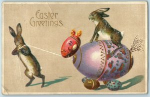 C. 1910 Anthropomorphic Rabbits Pulling Easter Egg Horse Postcard P66