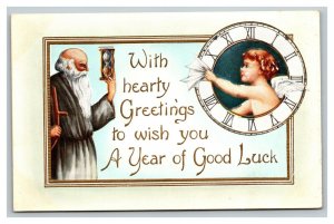 Vintage 1920's Whitney New Year's Postcard Father Time Hourglass Angel Clock