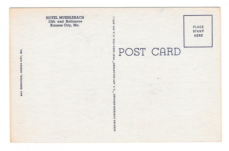 MO Kansas City Missouri Hotel Muehlebach Airplane Vintage Postcard Linen