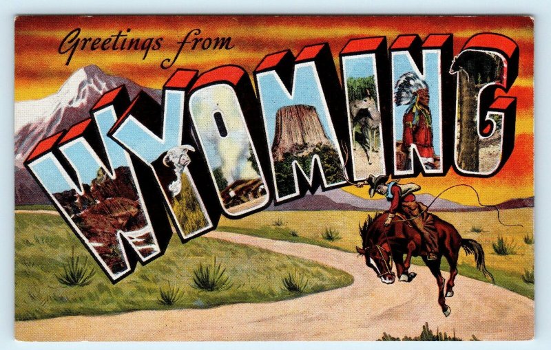 WYOMING ~ LARGE LETTER  LINEN  Cowboy, Devil's Tower ~ Kropp  Postcard 