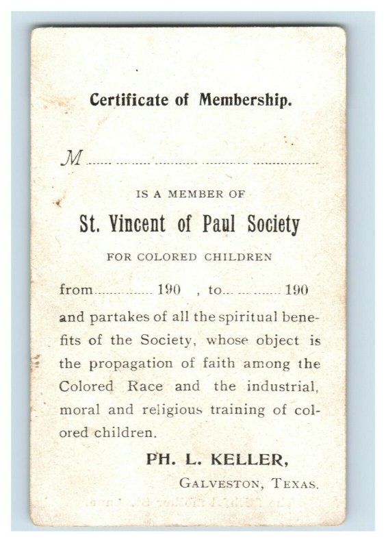 C.1900 St. Vincent Of Paul Society For Colored Children Membership Card P222