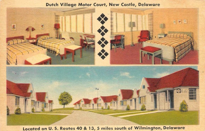 DUTCH VILLAGE MOTOR COURT New Castle, Delaware Roadside c1940s Vintage Postcard