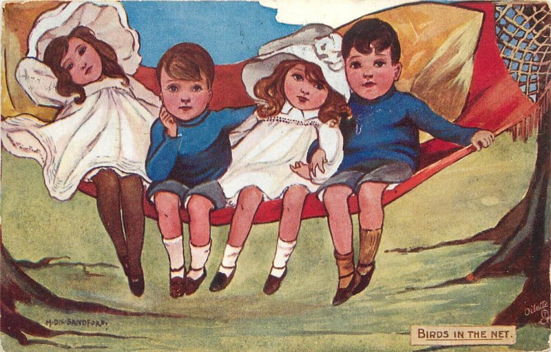 Tuck Postcard Girls &Boys 9220 HD Sandford Children in Hammock, Birds in the Net