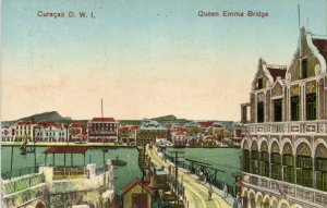 curacao, D.W.I., WILLEMSTAD, Queen Emma Bridge, Pontoon (1920s) Postcard