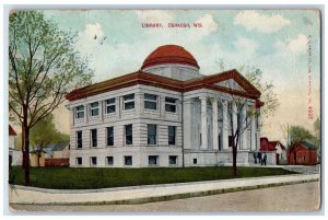 Library Building Exterior Scene Roadside Oshkosh Wisconsin WI Vintage Postcard 