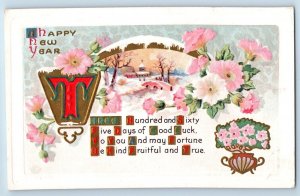 New Year Postcard Flowers Church Winter Scene Embossed c1910's Posted Antique