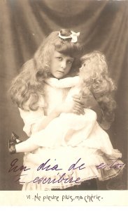 Pretty little girl with her doll Lovely old vintage French postcard