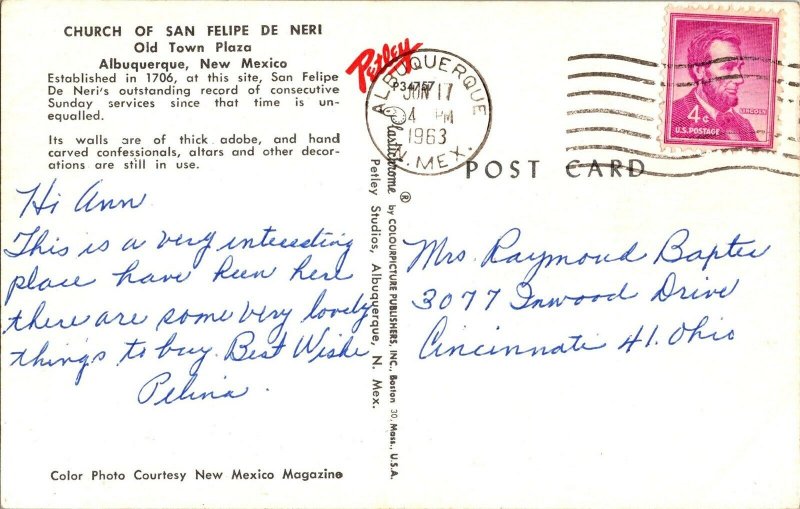 Church of San Felipe De Neri Old Town Albuquerque NM c1963 Vintage Postcard S23