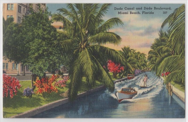 Miami FL Miami Beach Dade Canal And Dade Boulevard Water Skiing Tichnor Postcard