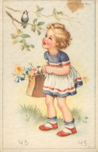 Drawn children scenes artist greetings postcard girl bird flowers