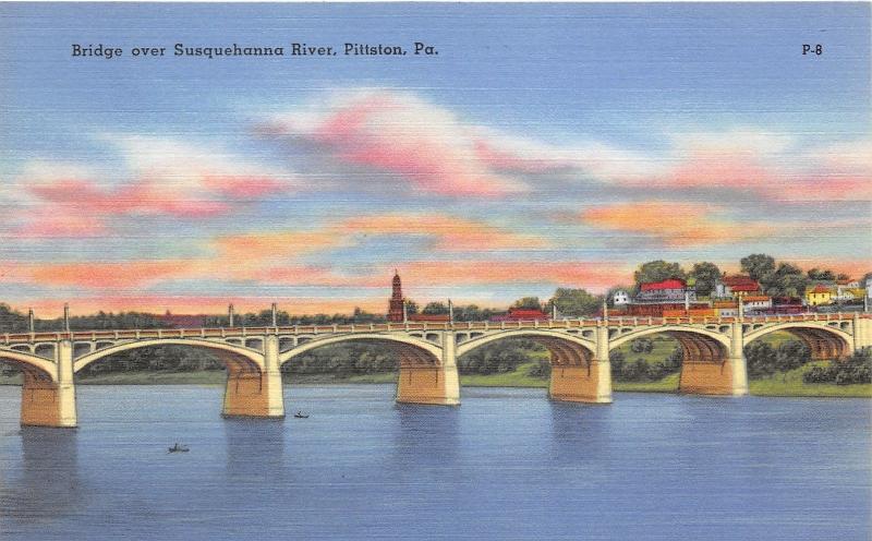 Pittston Pennsylvania~Bridge over Susquehanna~Large Arches~City on Shore~1940s