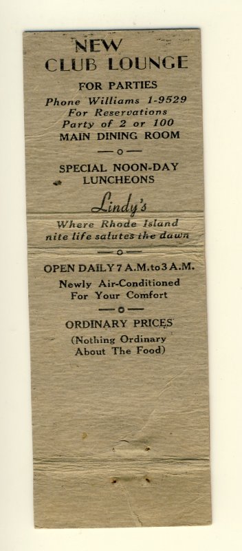 Lindys Restaurant Match Cover/Matchbook, Cranston, Rhode Island/RI, 1950's