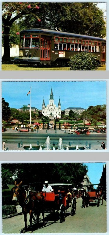 3 4x6 Postcards NEW ORLEANS, LA ~ Street Car, Carriages & Jackson Square 1980