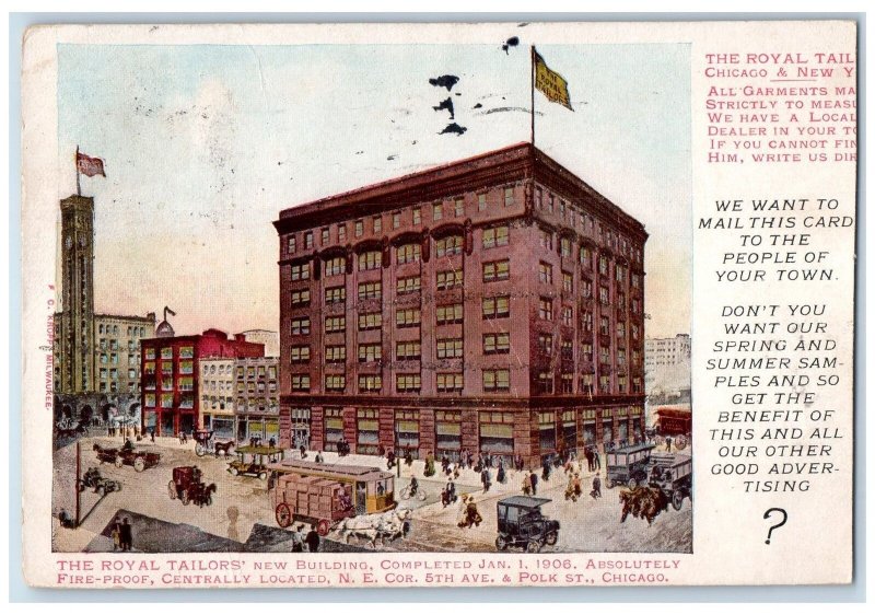 Chicago Illinois IL Postcard The Royal's Tailors New Building Exterior 1906 Cars