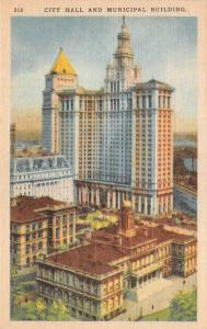 NY, New York City  CITY HALL & MUNICIPAL BUILDING~Bird's Eye  c1940's Postcard