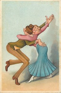 Comic dancing couple funny caricature German humor vintage postcard