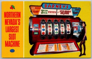 Lake Tahoe Nevada California 1960s Postcard Barney's Casino Girl Slot Machine