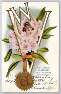 West Virginia State Girl Seal Flower Rhododendron To McDowell VA Postcard X23