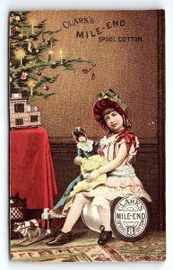 c1880 CLARK'S MILE-END SPOOL COTTON GIRL WITH DOLL TRADE CARD P1967
