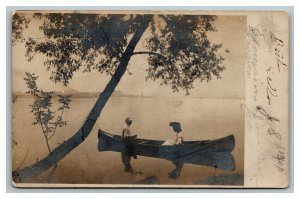 Vintage 1905 RPPC Postcard - Couple in Canoe on Lake in Savanna Illinois