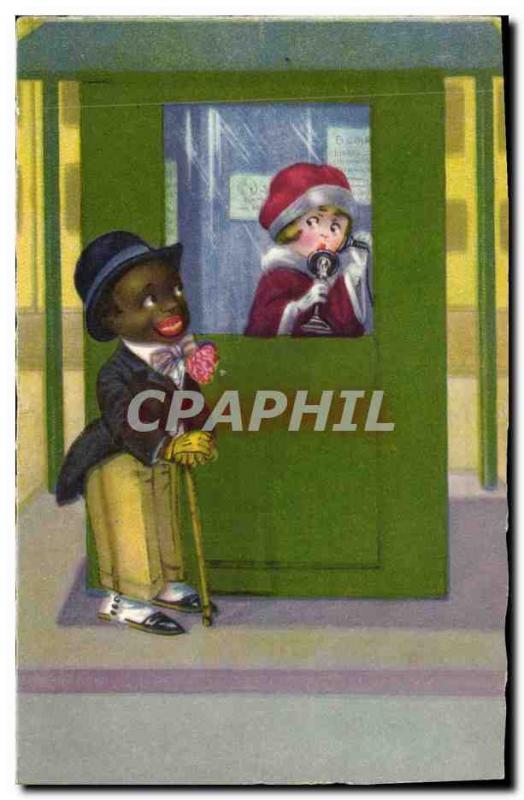 Postcard Old Negro color Child Train Phone