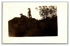 Vintage 1910's RPPC Postcard - Two Women in Large Hats on Large Rock