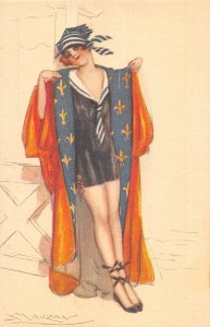 Fashion Art by Mauzan Lady in Sailor Like Dress Glamour vintage postcard C328