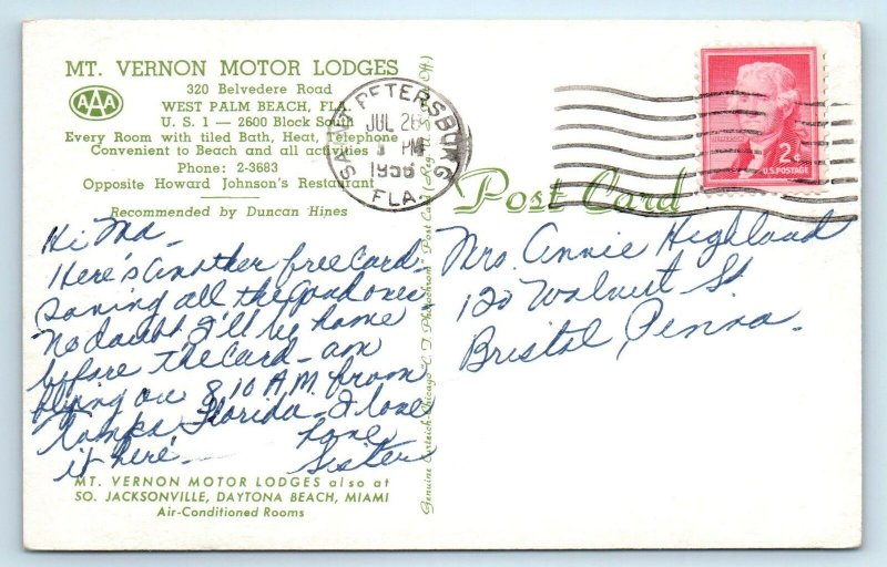 WEST PALM BEACH, FL Florida MT VERNON MOTOR LODGE 1958 Roadside   Postcard