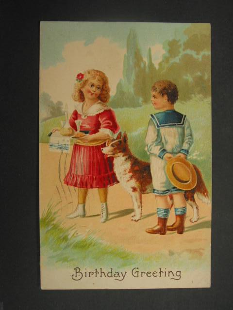 BIRTHDAY LITTLE GIRL & BOY w SNACKS & DOG c1910 PC