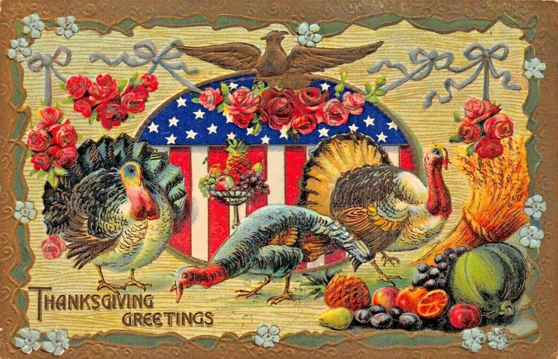 PATRIOTIC THANKSGIVING~TURKEYS-GILT EAGLE EMBOSSED 1909 POSTCARD