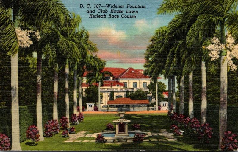 Florida Miami Hialeah Race Course Widener Fountain and Club House Lawn Curteich