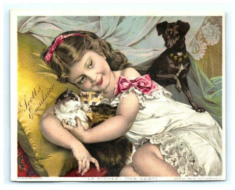 1887 Scott & Browne Cod Liver Oil The Little Pets Girl Kittens Dog #R