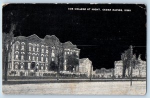 Cedar Rapids Iowa Postcard Coe College Night Buildings Road Trees 1915 Vintage