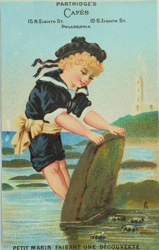 1870's-80's Partridge's Cafes Beach Scene Child Bathing Suit Big Rock Crabs P83