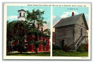 Vintage 1940's Postcard Brown County Courthouse & Old Log Jail Nashville Indiana