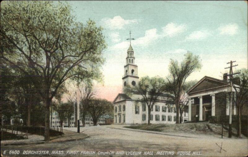 Dorchester MA Church & Lyceum Hall LOCAL HISTORY FIRE MESSAGE on BACK Postcard