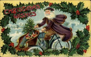 Christmas - Santa Claus Purple Coat Riding Bicycle Embossed Postcard bnhs