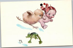 Postcard Kewpie running with chick and frog - reproduction