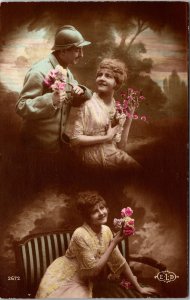 VINTAGE POSTCARD SOLDIER OFF TO WAR FLOWERS TO MAIDEN HAPPY SMILES c. 1914