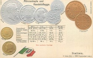 Embossed coinage national flag & coins vintage postcard currency Italy lire 