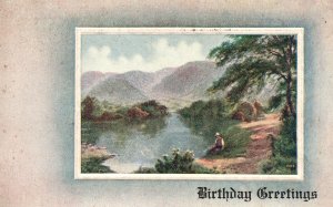 Birthday Greetings Landscape Design Card Natal Day Wishes Vintage Postcard