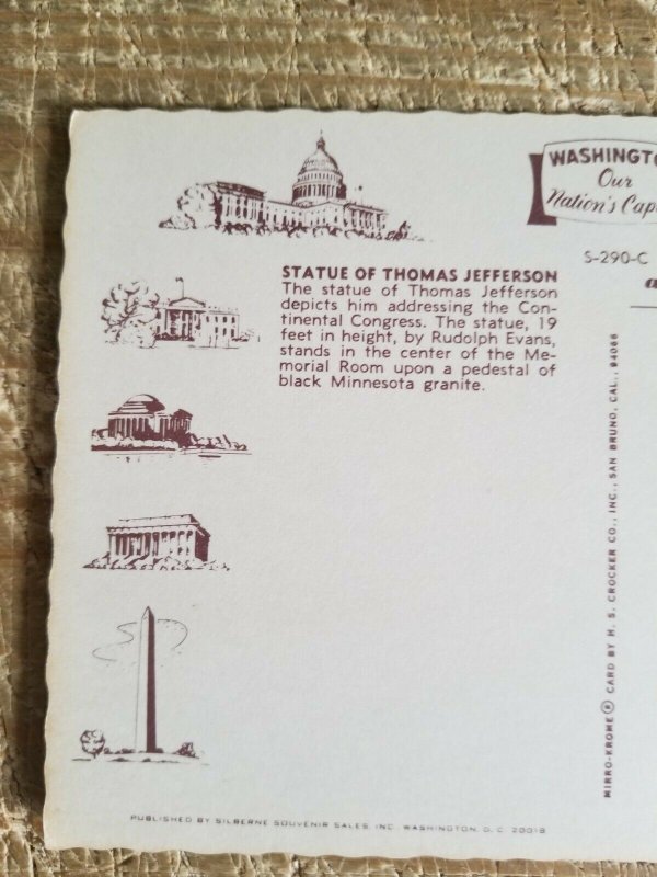 STATUE OF THOMAS JEFFERSON WASHINGTON DC.VTG UNUSED POSTCARD*P11